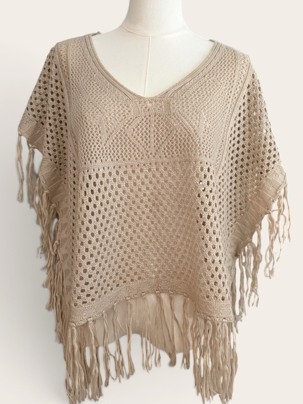 Boston Proper Crochet Knit Poncho Fringe Trim Natural Tan Festival Boho XS/S